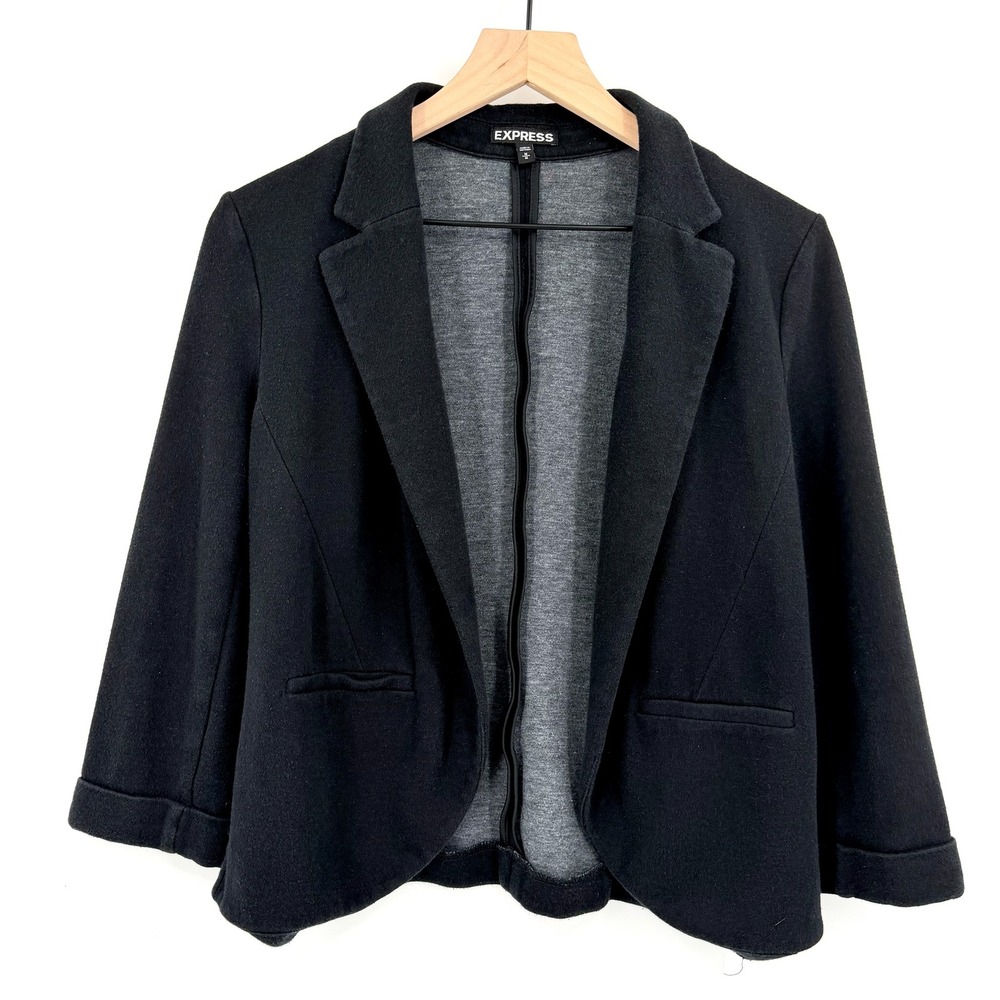 Express Blazer Women Medium Black Excellent Open Front 3/4 Sleeve Knit Tailored